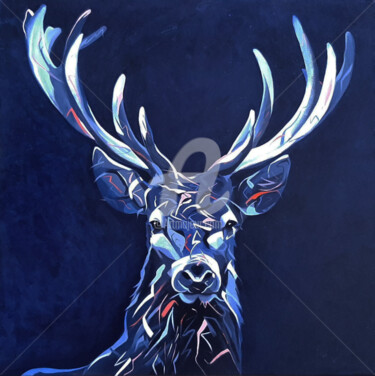 绘画 标题为“LE CERF BLEU” 由Régine Guthmann, 原创艺术品, 丙烯 安装在木质担架架上