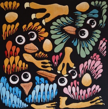 제목이 "Droles d'oiseaux 2 ."인 미술작품 Bertrand Jost로, 원작, 아크릴 나무 들것 프레임에 장착됨