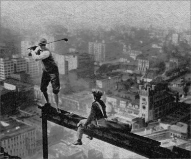 Golfer On Girder Over New York Drawing Peinture intitulée "Golfer On Girder Ov…" par Tony Rubino, Œuvre d'art originale, Acrylique Monté sur Châssis en bois