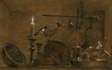 Tekening getiteld "Ghiandaia tra i Ram…" door Gustavo Palumbo (Jervé), Origineel Kunstwerk, Pastel
