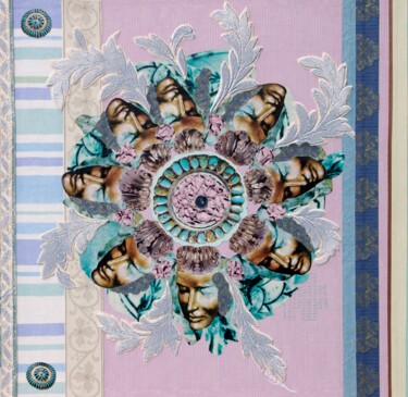 拼贴 标题为“Rosace visages” 由Corinne Barnett, 原创艺术品, 拼贴 安装在木质担架架上