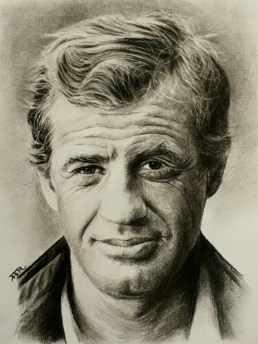 Drawing titled "Jean-Paul Belmondo" by Fam, Original Artwork, Charcoal