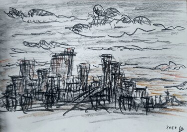 Dark cities #01 Zeichnungen mit dem Titel "Dark cities #01" von Herve L (Achel), Original-Kunstwerk, Conté-Buntstifte