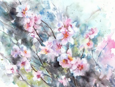 Ζωγραφική με τίτλο "Blossoming almond" από Alyona Masterkova, Αυθεντικά έργα τέχνης, Ακουαρέλα