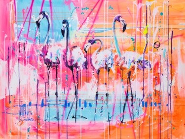 绘画 标题为“Colorful flamingos” 由Marta Zawadzka, 原创艺术品, 丙烯 安装在木质担架架上