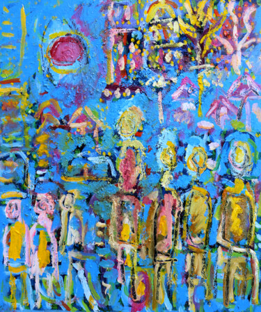 Painting titled "Gilets jaunes" by Jean Mirre, Original Artwork, Oil Mounted on Wood Stretcher frame