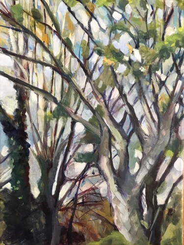 제목이 "Spring Trees"인 미술작품 Sandra Haney로, 원작, 기름 나무 들것 프레임에 장착됨