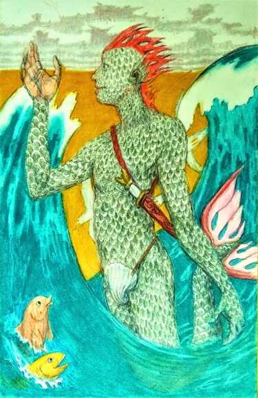 图画 标题为“The Merman” 由Edwin Loftus, 原创艺术品, 粉彩 安装在其他刚性面板上