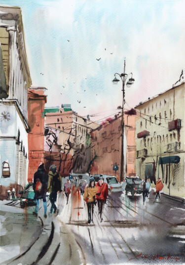 Painting titled "Ukraine Kyiv Khresh…" by Bogdan Shiptenko, Original Artwork, Watercolor