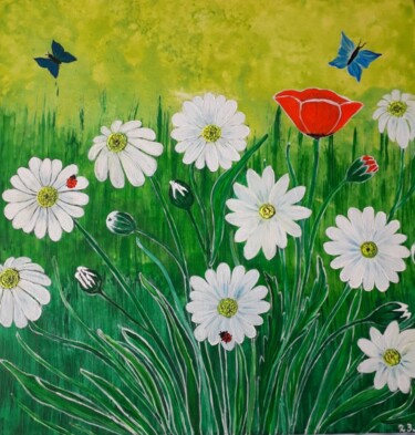 Drawing titled "prairie de camomille" by Iakim, Original Artwork, Acrylic Mounted on Wood Stretcher frame