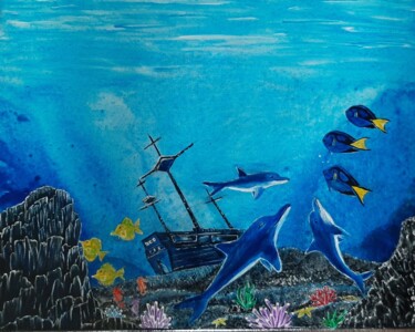 图画 标题为“dauphins près du na…” 由Iakim, 原创艺术品, 丙烯 安装在木质担架架上