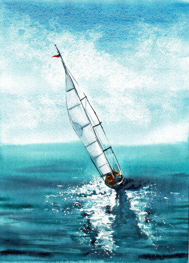 绘画 标题为“Yachting” 由Olesia Zhalkovskaia, 原创艺术品, 水彩
