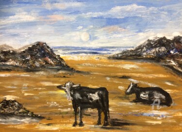 Schilderij getiteld "Calf And Mother on…" door Steve Phillips, Origineel Kunstwerk, Olie