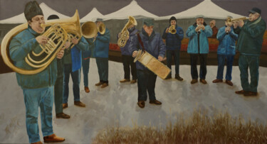 Schilderij getiteld "The Brass Band" door Tudor Gafton, Origineel Kunstwerk, Olie Gemonteerd op Frame voor houten brancard