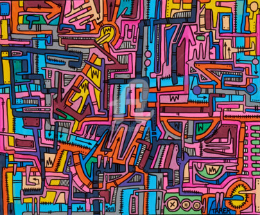 Peinture intitulée "Geometrik #3" par Tarek Ben Yakhlef, Œuvre d'art originale, Marqueur Monté sur Châssis en bois