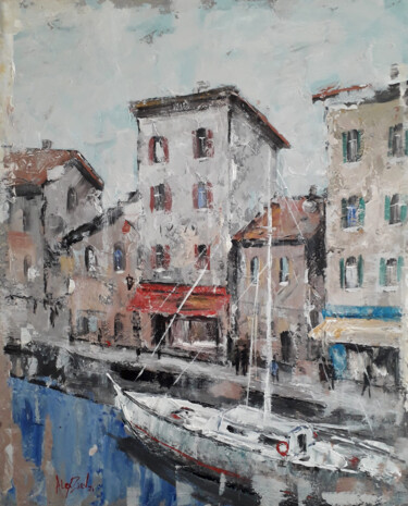 Painting titled "Port city on a sunn…" by Alex Ziev, Original Artwork, Acrylic