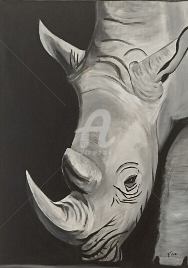 Portrait rhinocéros Schilderij getiteld "Portrait rhinocéros" door Franck Moreno, Origineel Kunstwerk, Acryl Gemonteerd op Frame voor houten bra…