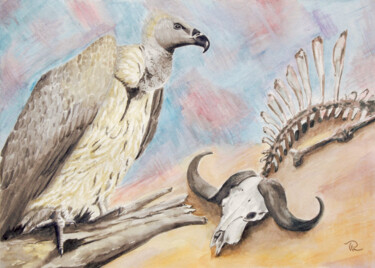 AQUARELLE originale et unique intitulée: Vautour africain. 제목이 "AQUARELLE originale…"인 미술작품 Isabelle Redonnet로, 원작, 수채화