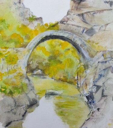 Painting titled "Sous le pont" by Françoise Pillou, Original Artwork, Watercolor