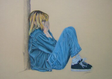 제목이 "Pleurs"인 그림 P. Le Sommer로, 원작, 파스텔