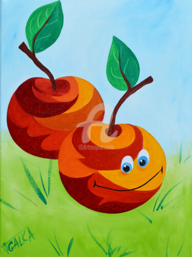 Peinture intitulée "DEUX POMMES" par Galka, Œuvre d'art originale, Huile Monté sur Châssis en bois