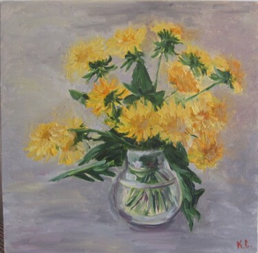 Painting titled "Dandelions in a vas…" by Svitlana Klymenko, Original Artwork, Oil