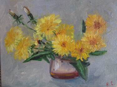 Painting titled "Dandelions in a vas…" by Svitlana Klymenko, Original Artwork, Oil