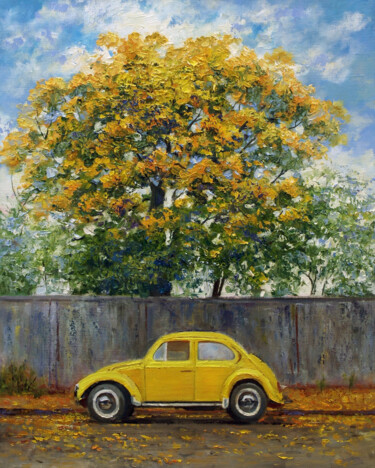 Oil painting yellow tree and car 绘画 标题为“Oil painting yellow…” 由Юлия Муравейникова, 原创艺术品, 油 安装在木质担架架上