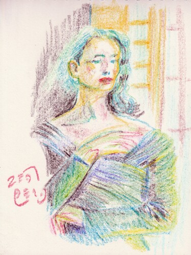 제목이 "woman in green dress"인 그림 Massimo Armillei로, 원작, 파스텔