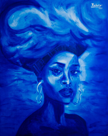 Painting titled "Blue Tears" by Elsa Rakoto, Original Artwork, Oil Mounted on Wood Stretcher frame