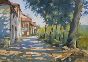 Peinture intitulée "Rue bordée d'arbres…" par Christian Arnould, Œuvre d'art originale, Huile