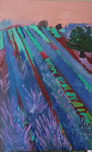 Peinture intitulée "Le champ de lavande" par Valérie Blum (Valery), Œuvre d'art originale, Acrylique Monté sur Châssis en bo…