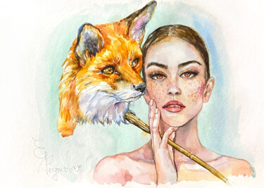Girl - Fox. Mask. Watercolor portrait of a brunette. Painting titled "Girl - Fox. Mask. W…" by Elena Reutova, Original Artwork, Watercolor