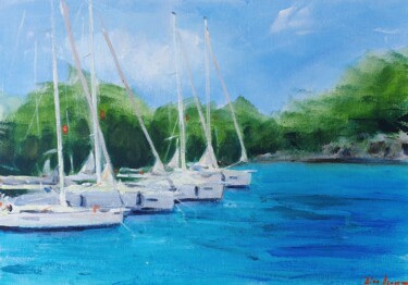 Sailing boats in Sarsala bay on 3d of April Peinture intitulée "Sailing boats in Sa…" par Dina Aseeva, Œuvre d'art originale, Acrylique Monté sur Châssis en bois