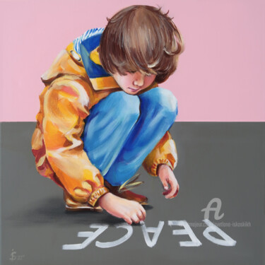 A picture of a boy drawing "Peace" Картина под названием "A picture of a boy…" - Svetlana Iskoskikh, Подлинное произведение искусства, Акрил Установлен на Дере…