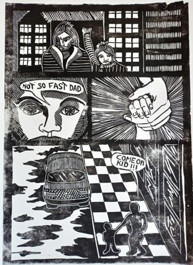 Printmaking titled "Not so fast dad" by Karel Liefooghe, Original Artwork, Linocuts Mounted on Wood Panel