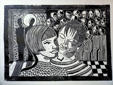 「Young Lovers」というタイトルの製版 Karel Liefoogheによって, オリジナルのアートワーク, Linocuts ウッドパネルにマウント