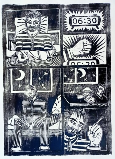 Printmaking titled "Le reveille" by Karel Liefooghe, Original Artwork, Linocuts Mounted on Wood Panel