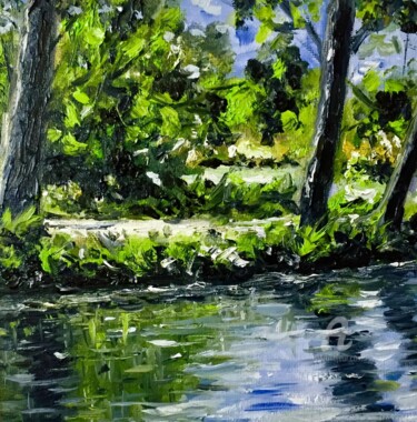 Painting titled "Down by the river" by Erik Rabot, Original Artwork, Oil Mounted on Cardboard