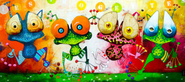 「Les Frogettes」というタイトルの絵画 Tomaによって, オリジナルのアートワーク, アクリル ウッドストレッチャーフレームにマウント