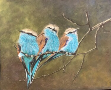 Dessin intitulée "Trois oiseaux sur u…" par Jess.C.Art, Œuvre d'art originale, Crayon Monté sur Verre