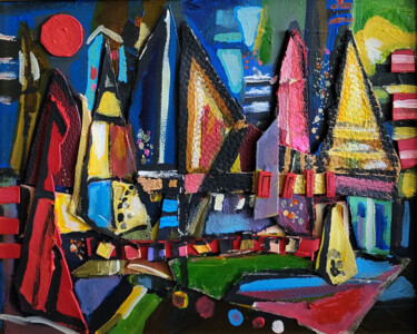 Painting titled "L'île aux oiseaux" by Muriel Cayet, Original Artwork, Collages Mounted on Wood Stretcher frame