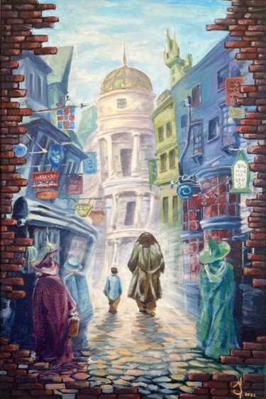 Harry Potter in Diagon Alley Painting titled "Harry Potter in Dia…" by Olga Ukraintseva, Original Artwork, Oil Mounted on Wood Stretcher frame