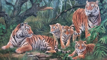 Pittura intitolato "Tiger Family #3" da Mujiono, Opera d'arte originale, Olio