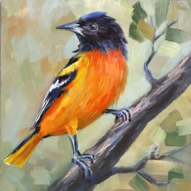 Yellow Bird Original Art, Oriole Painting Peinture intitulée "Yellow Bird Origina…" par Svetlana Shcherilya, Œuvre d'art originale, Huile Monté sur Autre panneau rigi…
