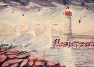 AQUARELLE originale et unique intitulée: Goélands argentés Pittura intitolato "AQUARELLE originale…" da Isabelle Redonnet, Opera d'arte originale, Acquarello