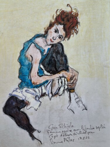 Copie de femme assise jambe pliée de E. Schiele Peinture intitulée "Copie de femme assi…" par Pierre Milosavljevic, Œuvre d'art originale, Aquarelle Monté sur Carton