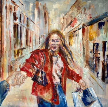 Peinture intitulée "shopping aujourd'hu…" par Isabelle Reygaerts, Œuvre d'art originale, Huile Monté sur Châssis en bois
