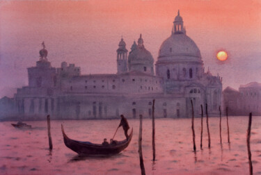 Pink sunset in Venetia Santa Maria della Salute Peinture intitulée "Pink sunset in Vene…" par Olga Beliaeva, Œuvre d'art originale, Aquarelle