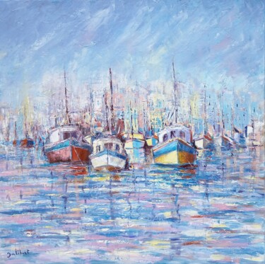 Bateaux de pêcheurs au port Peinture intitulée "Bateaux de pêcheurs…" par Francis Jalibert, Œuvre d'art originale, Huile Monté sur Châssis en bois